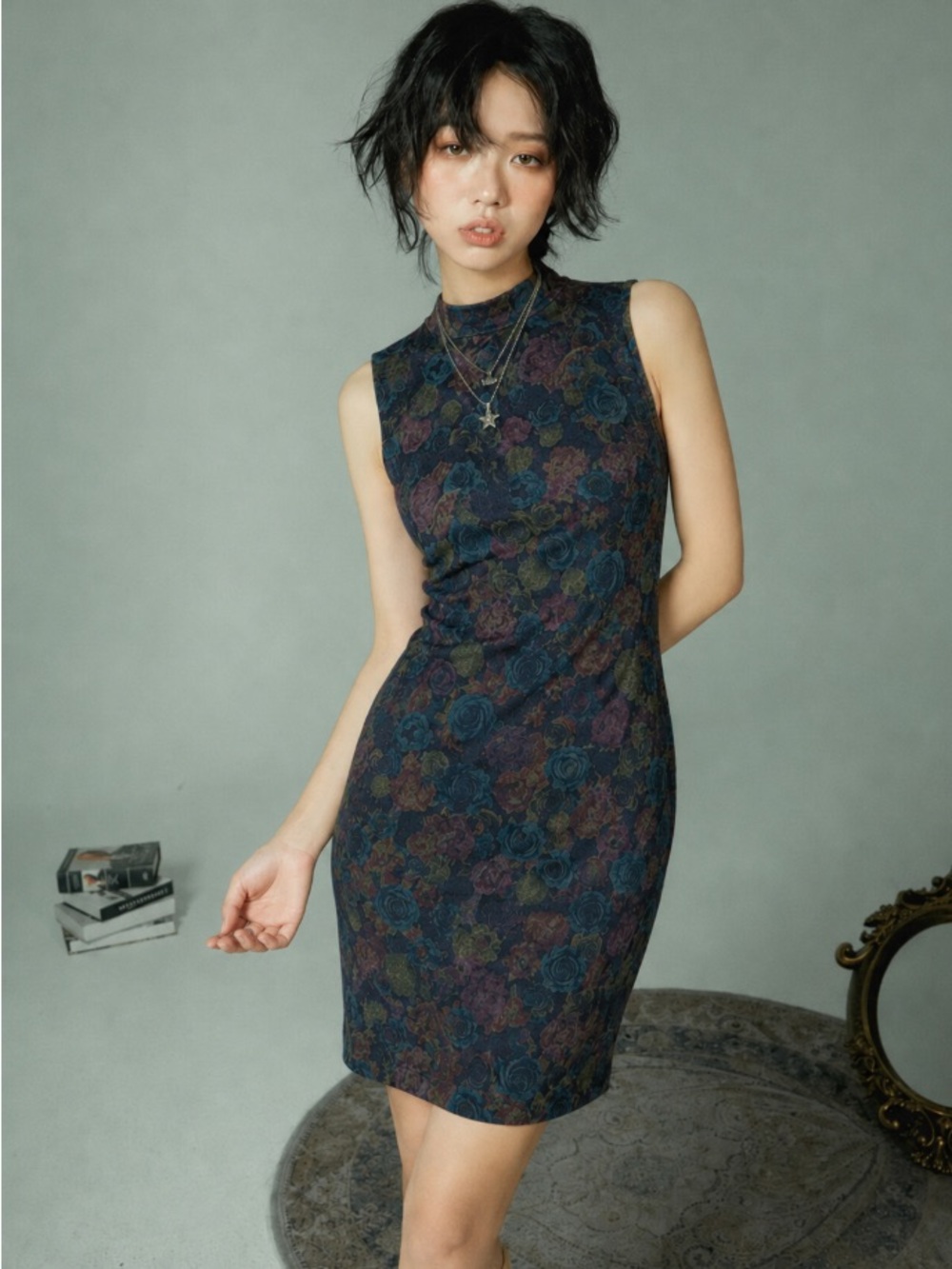 Halogen Fairy Grunge Dark Floral Mock Neck Sheath Midi Dress Size Medium